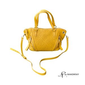 B. Makowsky Woven Front Leather Satchel Handbag, Yellow, Vintage - (1990's)